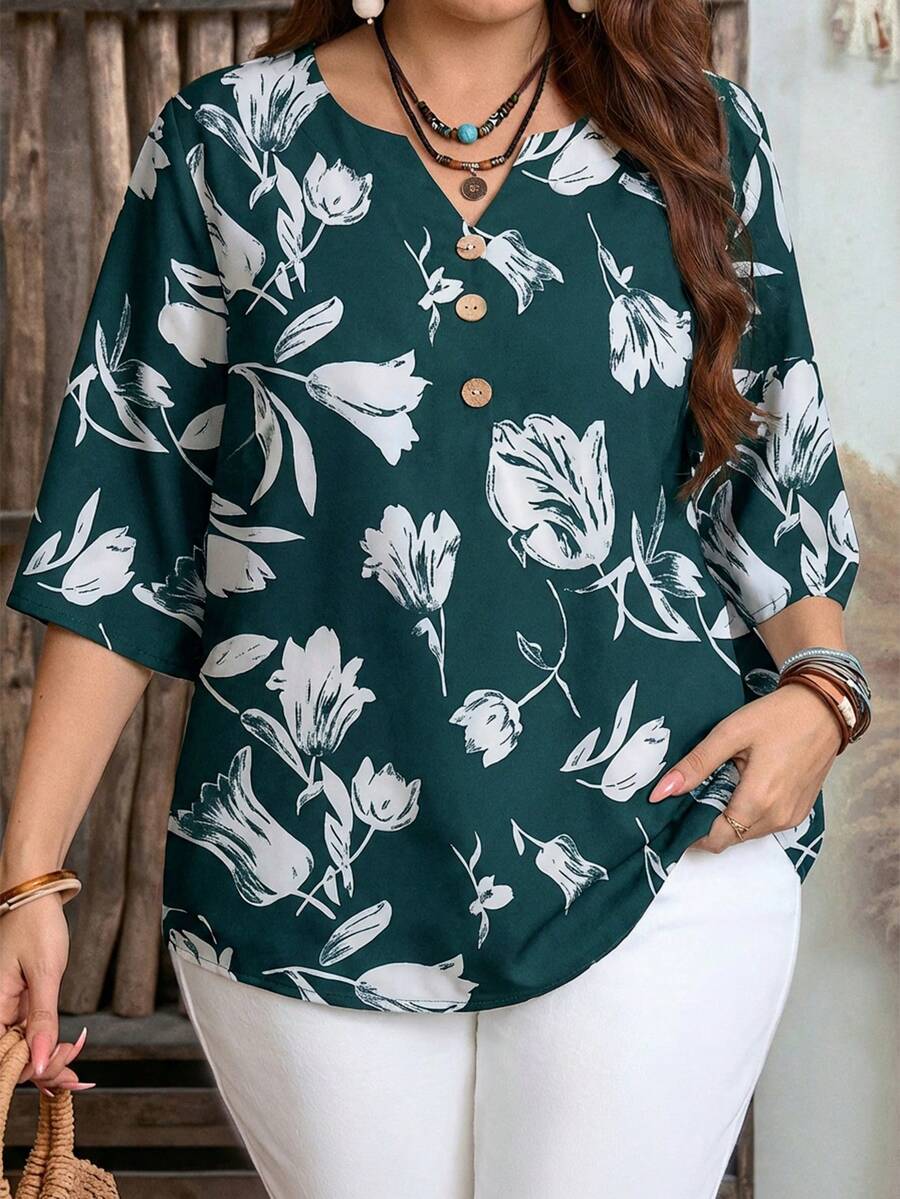 EMERY ROSE Plus Size Women's Summer Casual Vacation Country Green Floral Print V-Neck Casual Versatile Daily Wear Blouse Top Shirt,Summer Outfits For Women ,Vacation Outfits Women ,Holiday Outfits For Women,Going Out Outfits,2026 New Clothes,Simple And Fashionable For Everyday Wear,Suitable For Summer, Vacation, Daily Wear, Festival Outfits For Women,Country Concert Outfit,Beach Outfits For Women,Western Style,Going Out Tops - Dark Green - View 1