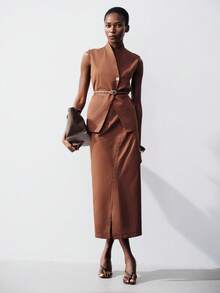 Aveloria Modichic Women's Elegant Suit Set Shades Of Brown,Summer,Casual,Bissness Office Attire Shawl Lapel Metal Button Leather Belt Slit Skirt Slim Fit Tailored Set - Brown - View 1