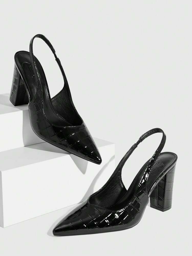 CUCCOO SZL Women Shoes Spring Summer Pointed Thick Heel Metal Buckle Sexy High Heels Patent Leather Crocodile Pattern Solid Color Women's High Heel Shoes Dating Daily Party