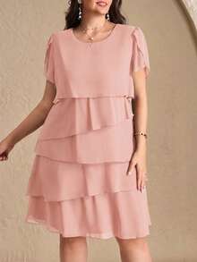Chikora Plus Size Elegant Solid Color Multi-Layer Dress, Summer - Pink - View 1