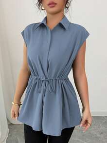 Elenzga 女士休闲度假通勤衬衫领纽扣抽绳腰A字落肩上衣 - 霧霾藍 - 查看 7