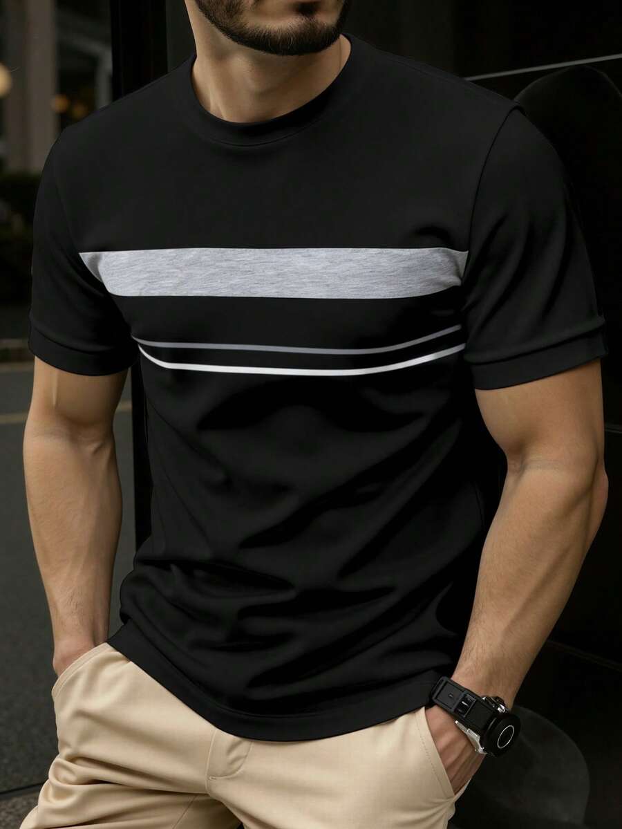 Manfinity Homme 男士休闲印花短袖圆领T恤 - 黑色 - 查看 1