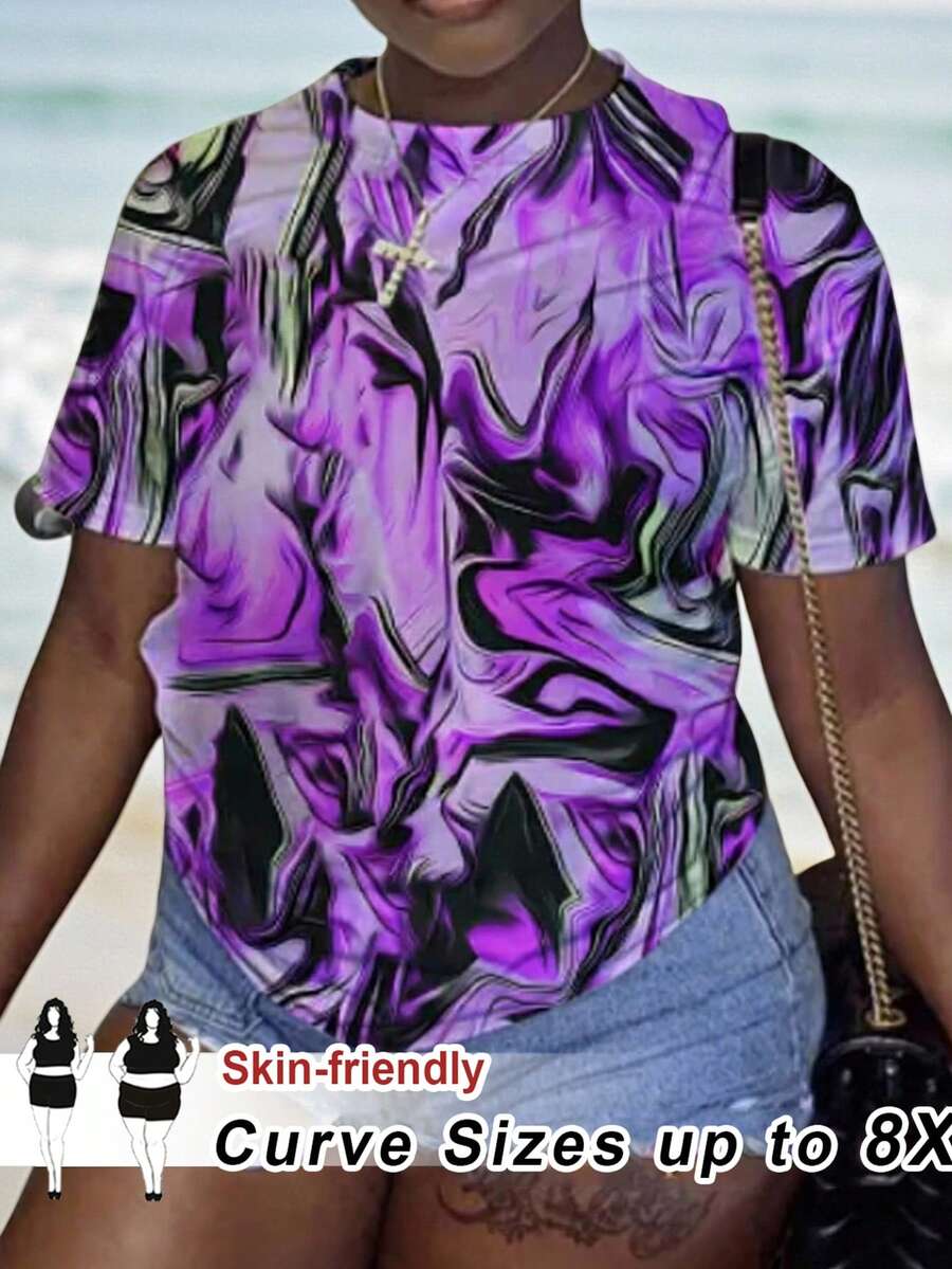 SHEIN CURVE+ 大码扎染圆领短袖宽松夏季时尚百搭T恤 - 彩色 - 查看 1