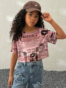 Coolane Kids Top de manga corta con estampado de periódico y malla para niñas preadolescentes, para primavera/verano - Rosa - Ver 1