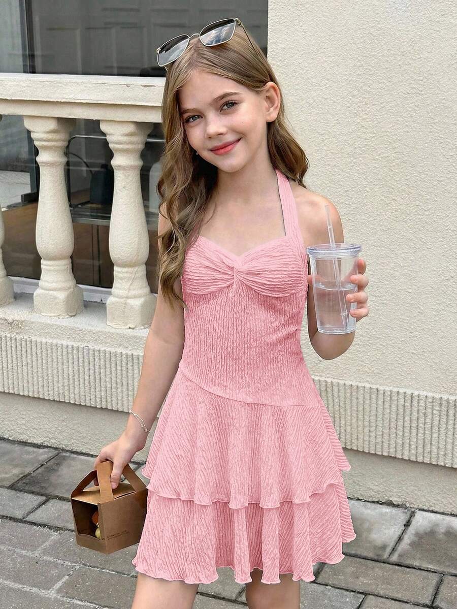 SHEIN 少女度假迷你连衣裙，胸部采用弹性褶皱设计，系带领口，蝴蝶结装饰，层叠褶皱，可内搭或外穿，夏季连衣裙，纯白色连衣裙 - 粉色 - 查看 1