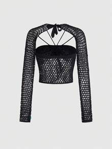 ROMWE Goth Women's Summer Fashion Sequin Cropped Hollow-Out Knit Top - Black - View 2