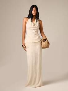 AiiRZ Women's Linen Side Split Maxi Skirt High Waisted Flowy Ankle Length Long Summer Casual Beach Vacation Elegant Natural Cream - Apricot - View 7