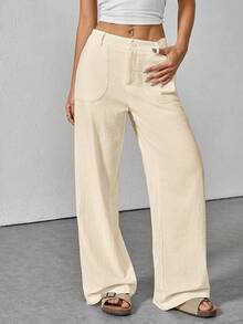 SHEIN PETITE Pantalones anchos de cintura baja y unicolor informal - Albaricoque - Ver 6