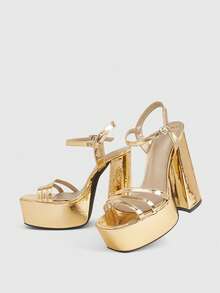 CUCCOO LuxiPop 女士高跟凉鞋，经典简约粗跟厚底高跟凉鞋，金属细带组合，性感迷人，适合夜店、派对、宴会、约会、优雅假日等场合，打造性感夜店造型，春夏季节度假必备，2000年代复古风 - 香檳色 - 查看 5