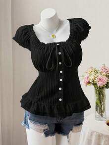 Sweetra 可爱休闲花瓣袖收腰纽扣短袖夏季衬衫 - 黑色 - 查看 1