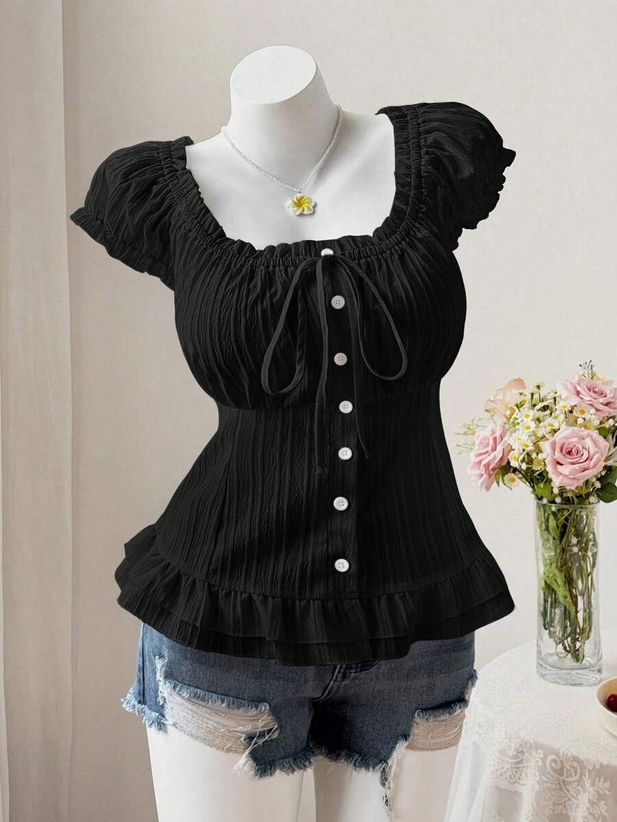 Sweetra 可爱休闲花瓣袖收腰纽扣短袖夏季衬衫 - 黑色 - 查看 1