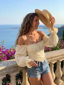 DAZY Women's Fitted Tie-Front Ruffle Trim Short Blouse, Yellow Long Sleeve, Spring/Summer - Yellow - View 6