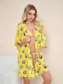 SpongeBob SquarePants | SHEIN Women's 3/4 Sleeve Knotted Waist Loose Sleepwear Robe, - Yellow - View 5
