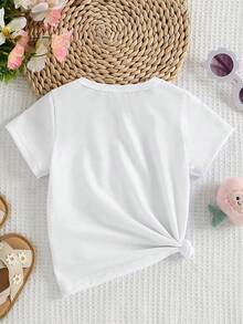 SHEIN 春夏休闲时尚创意可爱卡通樱桃、蝴蝶结、爱心、星星图案印花基础款白色短袖T恤，舒适日常穿着，适合女童，温暖的夏秋款式，适合春、夏、秋季穿着。 - 白色 - 查看 2