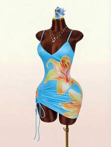 Amplova Women's Spaghetti Strap Mini Dress With Ruched Details, Sexy & Avant-Garde, Suitable For Vacation Outfits, Side Ruched - Blue - View 4