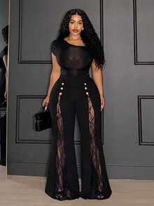 SHEIN PETITE CURVE Plus Size Women's Black Lace Patchwork Pants,Elegant Summer High Waist Wide Leg Flare Palazzo Slacks,Hollow Mesh Rave Nightclub Wear,Formal Long Pants - Black - View 6