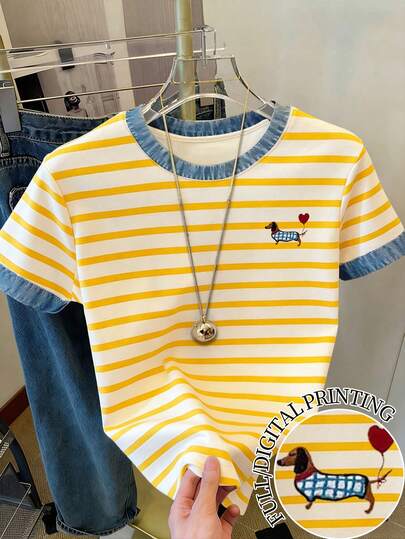 Resyla Women's Striped Imitation Denim Panel T-Shirt / Dachshund Print / Casual Daily Wear / Summer