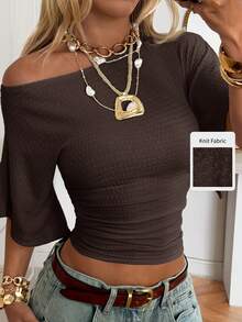 SHEIN EZwear Áo thun nữ dệt kim màu nâu sô cô la, vai lệch, ôm sát, dành cho nữ. - Màu nâu Sô-cô-la - Xem 8