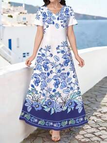 Seusyu Đầm dệt kim tay ngắn cổ chữ V thanh lịch dành cho nữ, thích hợp mặc mùa xuân/hè, có thể mặc ngoài hoặc mặc trong, phù hợp cho hẹn hò, du lịch, mặc hàng ngày, đi chơi, dự tiệc, lễ hội, đầm maxi hoa, đầm vintage, đầm in họa tiết, đầm trắng, đầm hoa. - trắng - Xem 3
