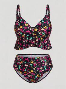 Sweetra CURVE Plus Size Women Two Pieces Ditsy Floral Ruched Swimming Suit Set, Beach/Pool Vacation Outfit For Summer - Multicolor - View 1
