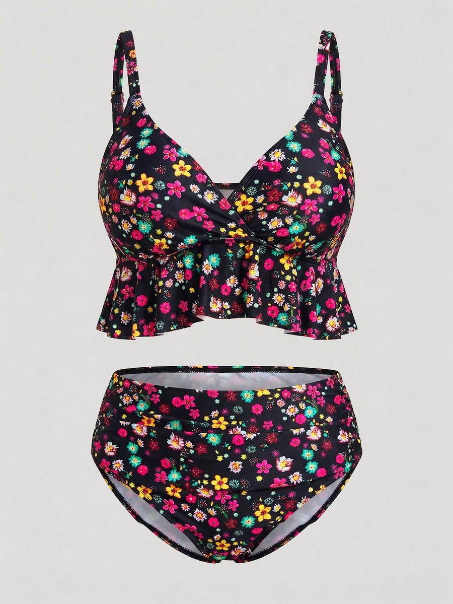 Sweetra CURVE Plus Size Women Two Pieces Ditsy Floral Ruched Swimming Suit Set, Beach/Pool Vacation Outfit For Summer - Multicolor - View 1