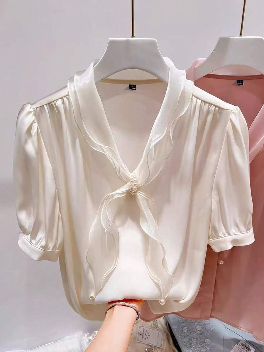 GlowEve 女士法式V领雪纺短袖衬衫 - 杏色 - 查看 1