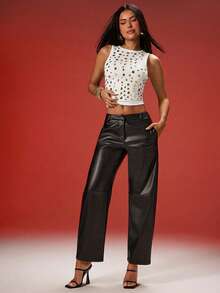 Denimoi Round Metallic Hardware Detail Scoop Back Top Sexy Tops Fashionable Tops Concert Outfits - White - View 4