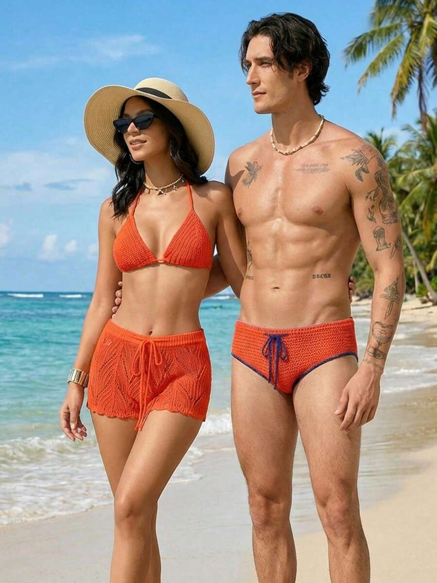 Horizaway 男士撞色滚边抽绳腰针织三角短裤，适合夏季海滩穿着。男士钩针泳衣，男士钩针泳裤，男士橙色泳装，夏季情侣泳装套装，男女泳装套装，情侣沙滩装，海滩度假装，情侣泳装，男女情侣泳衣，情侣沙滩装，情侣度假装，情侣比基尼套装，女士情侣夏季装，男女情侣泳装 - 橘色 - 查看 1