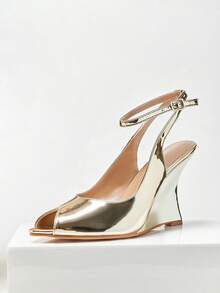 SHUZIA Sandalias de cuña con tira de tobillo y punta abierta para mujer - Dorado - Ver 9