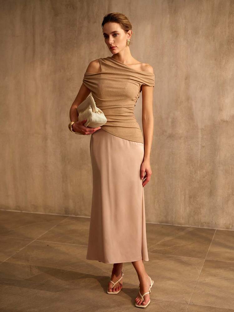 WOMEN'S ASYMMETRIC SHOULDER PATCHWORK PARTY LONG DRESS, SPRING/SUMMER