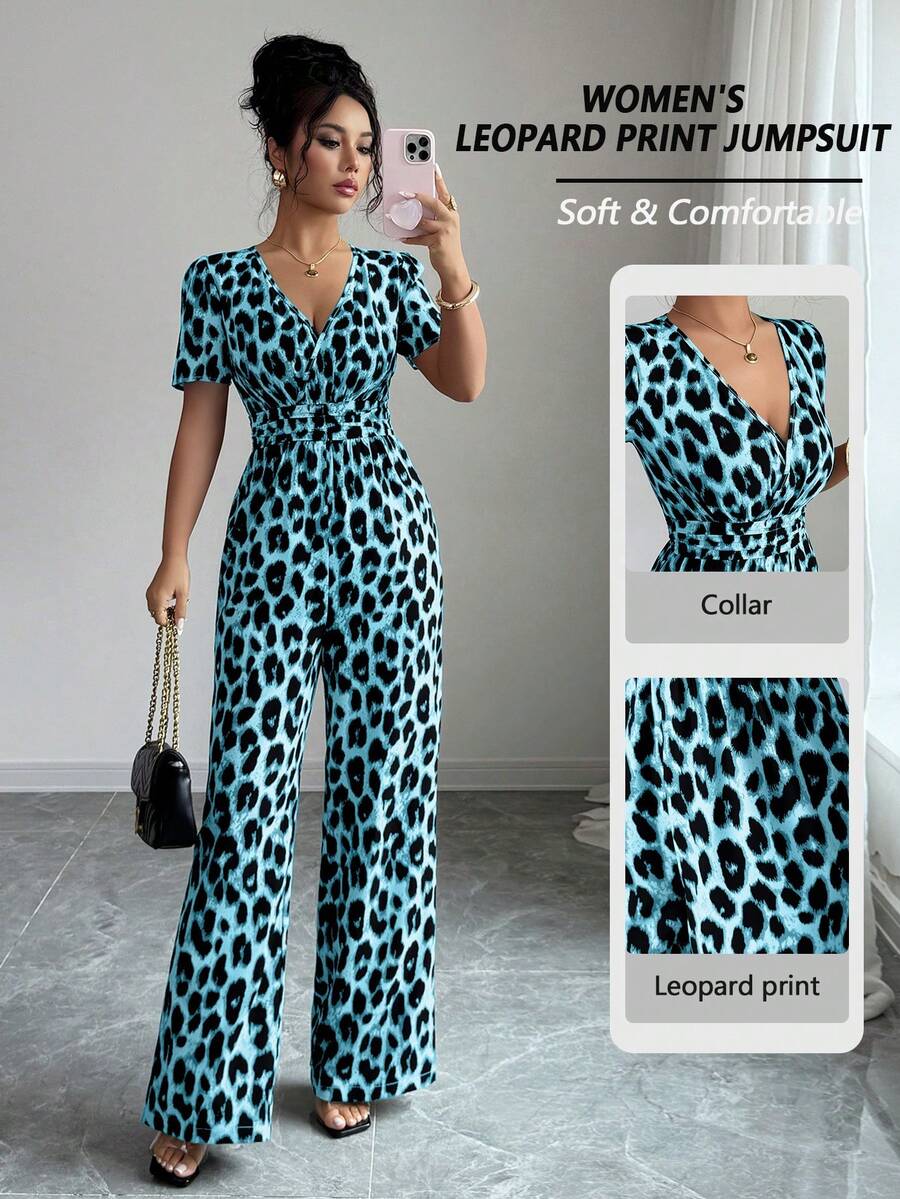 Elenzga Ladies' Elegant Vacation And Casual Summer Leopard Print Jumpsuit - Blue - View 1