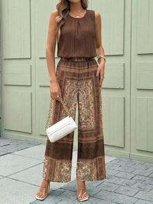 SHEIN Clasi 优雅女士纯色纹理褶皱上衣和花朵阔腿裤套装 - 彩色 - 查看 9