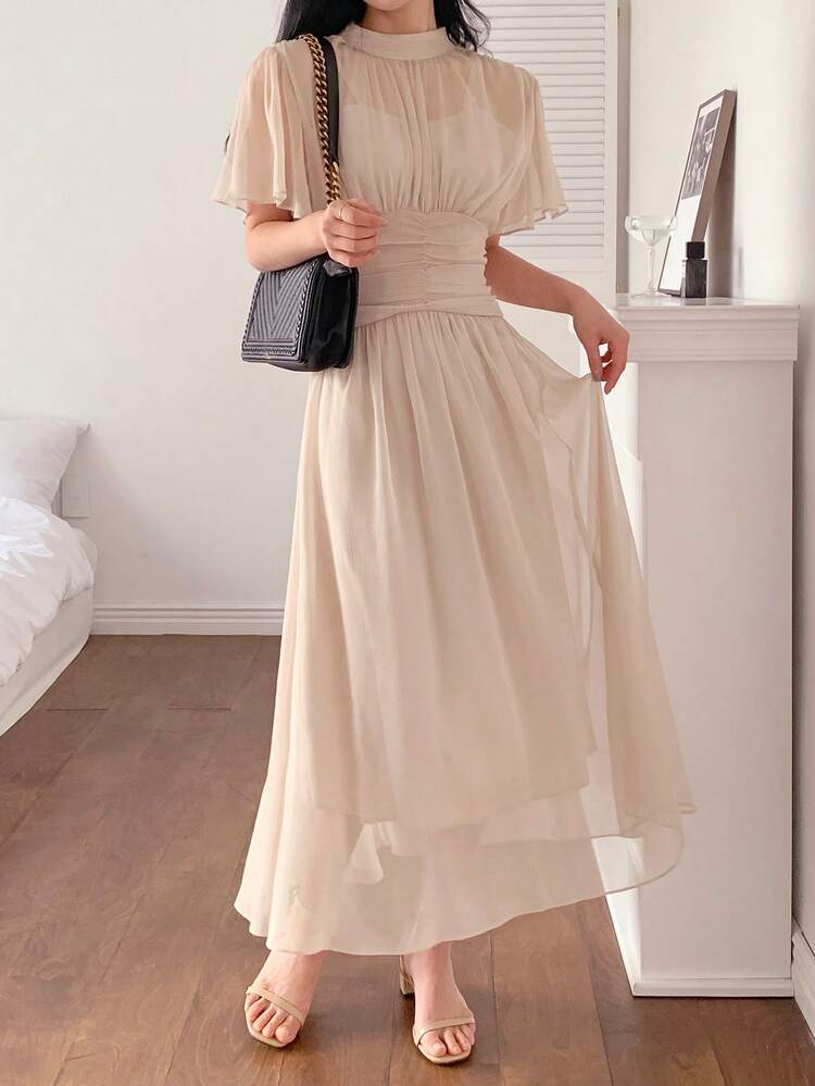 Women's Chiffon Waist Cinching Short Sleeve Midi Dress Sundress