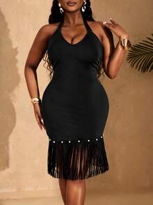 Lunelith SHEIN Lunessa Women's Black Summer Elegant Night Out Tassel Hem Backless Halter Neck Midi Dress,Fringe Bodycon Club Outfits Party Dresses For Ladies Fitted Dress - Black - View 3