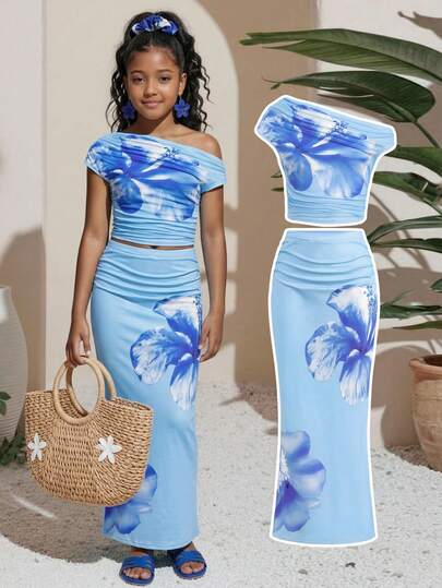 SHEIN Tween Girl Blue Casual Floral Pattern Asymmetric Ruched Fitted Skirt 2 Pieces Set, Suitable For Summer, Vacation Outfit