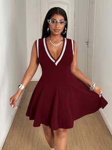 Maweii Plus Size Women Striped V-Neck Casual Sleeveless Dress - Burgundy - View 4
