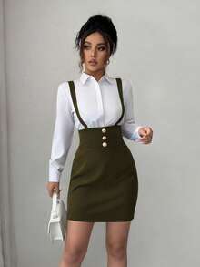SHEIN Elenzya 吊带腰身修身半身裙，饰有纽扣，优雅浪漫精致的女士铅笔裙，适合工作、通勤和休闲外出穿着。 - 軍綠色 - 查看 6