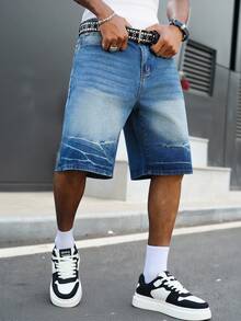 Manfinity EMRG Young Street Style Washed Blue Straight Loose Distressed Denim Shorts, Spring/Summer - Blue - View 1