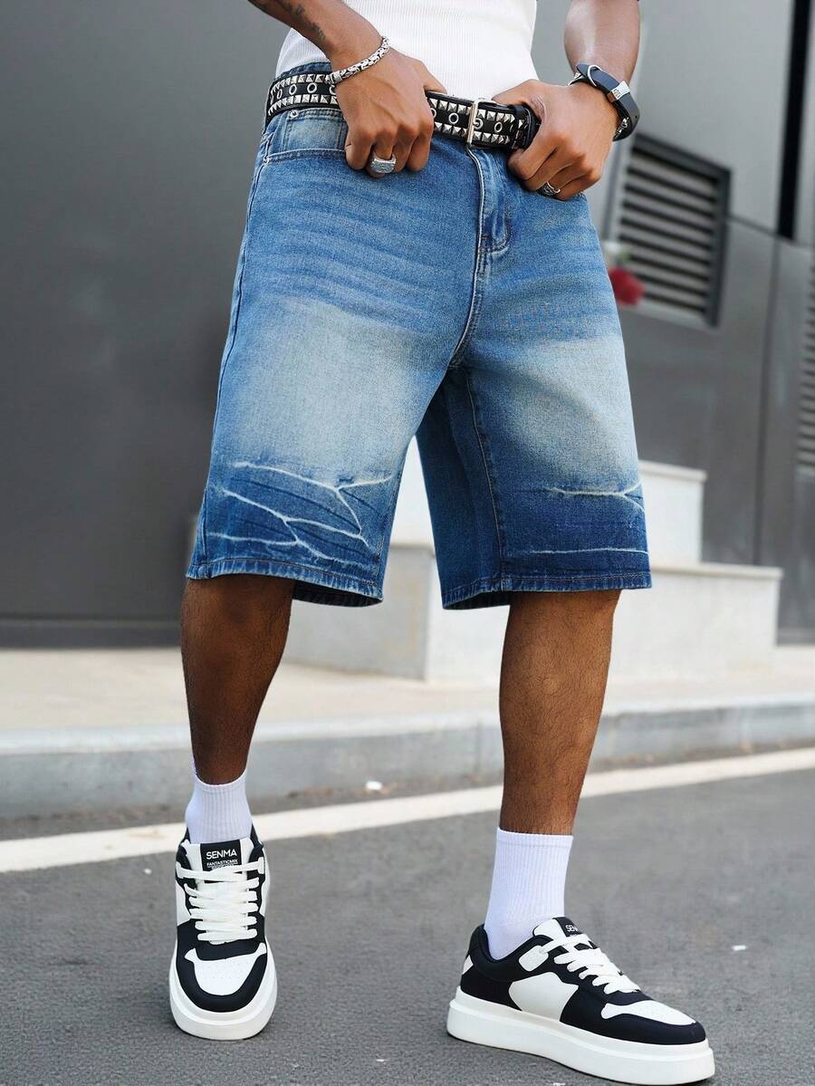 Manfinity EMRG Young Street Style Washed Blue Straight Loose Distressed Denim Shorts, Spring/Summer - Blue - View 1