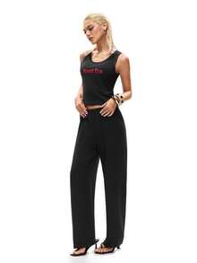 SHEIN Minimalist Combination Of Solid Black Camisole + Wide-Leg Pants. The Camisole Features A U-Neck Sleeveless Design With A Red "Rest Era" Print As A Visual Highlight. The Pants Have An Elastic Waistband And A Loose Wide-Leg Silhouette, Offering A Streamlined Yet Flexible And Draping Look. - Black - View 4