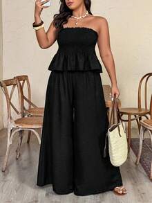 Weeklong Plus Size Women's Spring/Summer Vacation Crinkle Fabric Strapless Ruffle Hem Wide Leg Pants 2 Pieces Set - Black - View 7