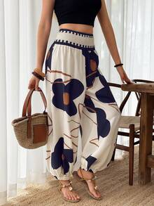 Louniche 女士弹力腰灯笼裤，适合春夏度假，印花休闲度假裤，时尚夏季服饰 - 彩色 - 查看 4