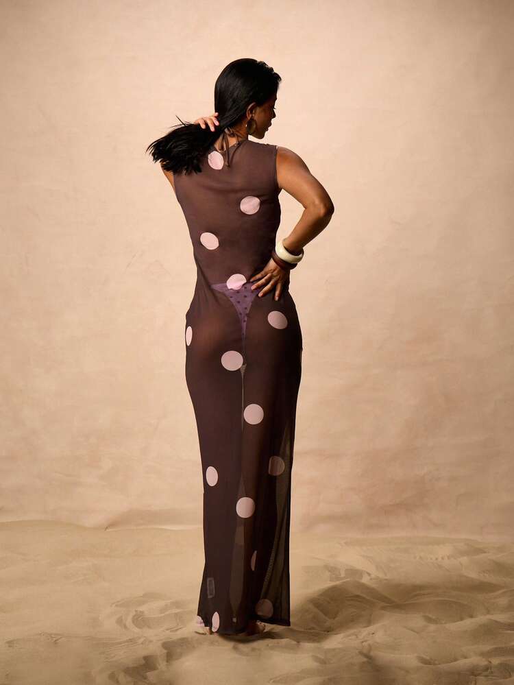 Polka Dot Sheer Sleeveless Maxi Dress