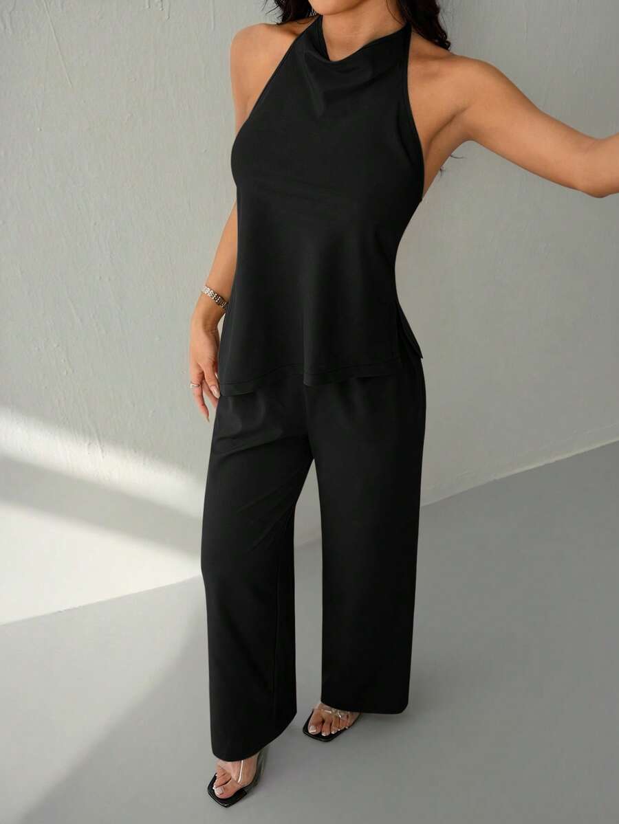 SHEIN PETITE Women's Solid Color Halter Backless Asymmetrical Top & Long Pants 2 Pieces Set,Work Outfits For Women - Black - View 1
