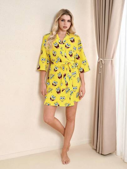 SpongeBob SquarePants | SHEIN 女士七分袖系腰宽松睡袍