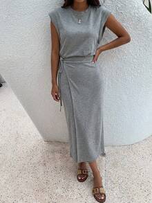 DAZY Women's Solid Color Round Neck Cap Sleeve Side Knot Casual Mid-Length Dress Sundress - Grey - View 6
