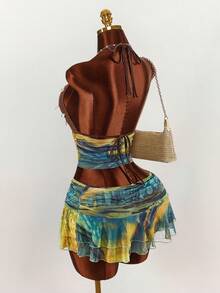 Amplova 2pcs/Set Halter Neck Crop Top & Low Waist Ruffle Hem Mini Skirt, Sexy Avant-Garde Boho Style Backless Details, Suitable For Holiday - Multicolor - View 15