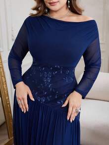 Modelyn Plus Size Women Floral Embroidery Off-Shoulder Long Sleeve Elegant Maxi Dress - Navy Blue - View 6