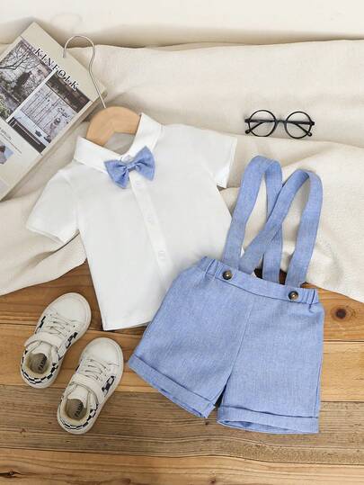 Souflis Souflis 2pcs Baby Boys Formal Gentleman Style Outfit Set, Including White Short Sleeve Collared Shirt With Bow Tie And Casual Elastic Waist Suspender Shorts, Fashionable Elegant Handsome, Suitable For Birthday Party, Ceremony, Performance, Wedding, Christening And Celebration Events, Summer