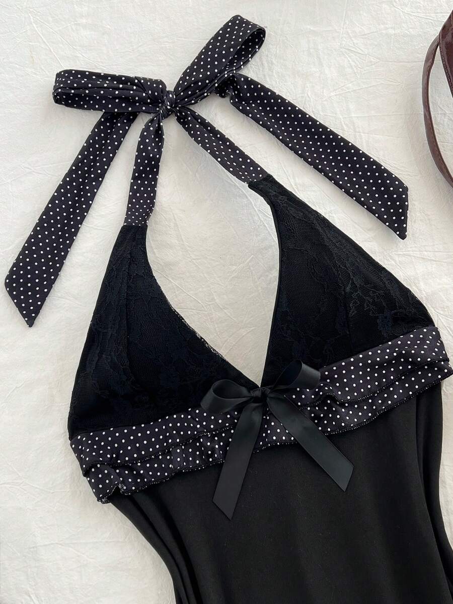 Elamini 春季性感V领露背蕾丝拼接波点双层荷叶边蝴蝶结紧身迷你连衣裙 - 黑色 - 查看 1